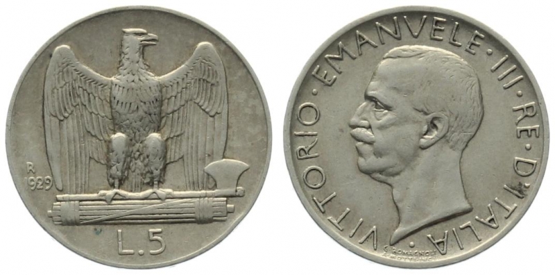 Italien 5 Lire 1929 - Vittorio Emanuele III. 1900-1946